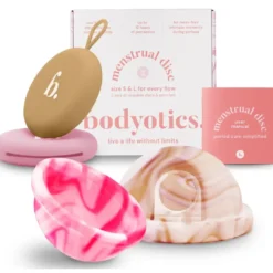 Bodyotics Kuukautislevyt poistorenkaalla beige ja pinkki 2 kpl