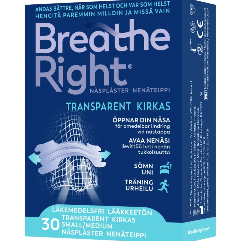 BREATHE RIGHT Nenäteippi kirkas S/M 30 kpl