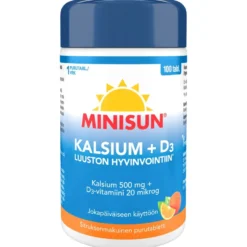MINISUN Kalsium 500 mg + D3-vitamiini 20 mikrog sitrus purutabletti 100 kpl