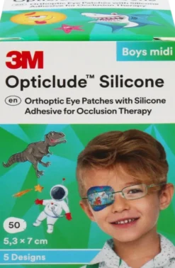 Solventum Opticlude Silicone midi silmälappu peittohoitoon lajitelma pojille 50 kpl